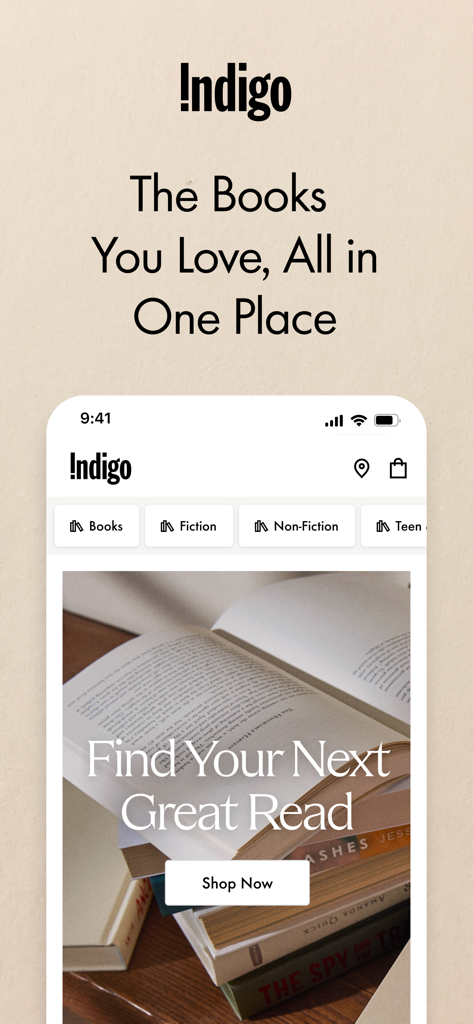 Indigo App Startbildschirm mit einem Stapel Bücher und Kategorien für Belletristik, Sachbücher und Jugendbücher.