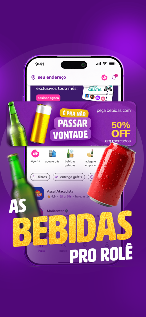 Interface do aplicativo aiqfome promovendo entrega de bebidas com 50% de desconto em bebidas de mercados.
