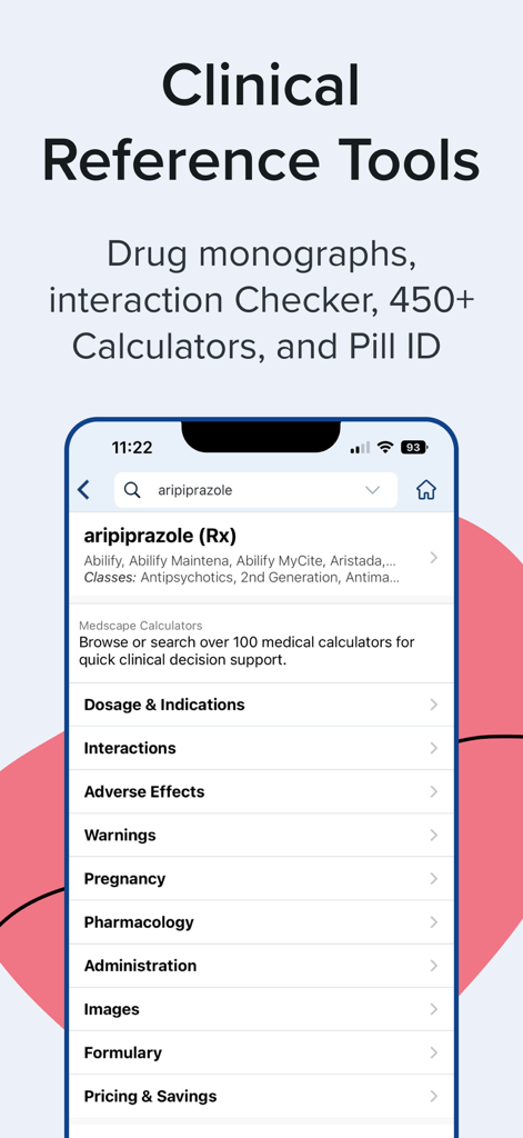 Medscape app screen showing drug monograph details and clinical reference tools for medical professionals.