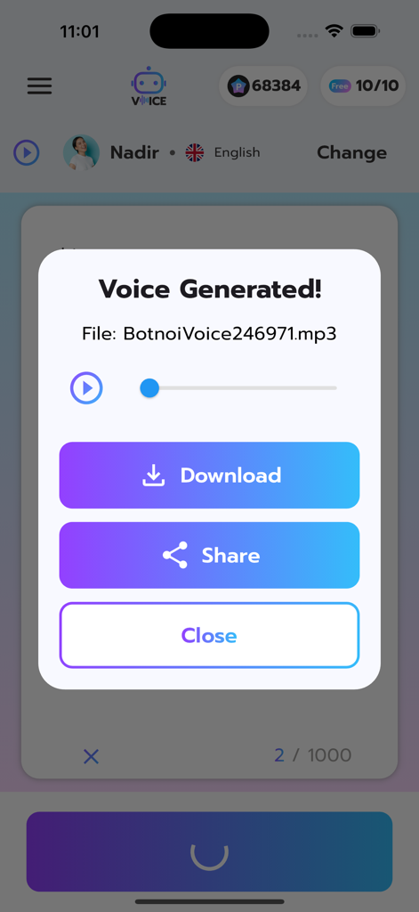 Botnoi Voice - Text to Speech - Botnoi Voice app popup showing a generated AI voice file with options to download and share