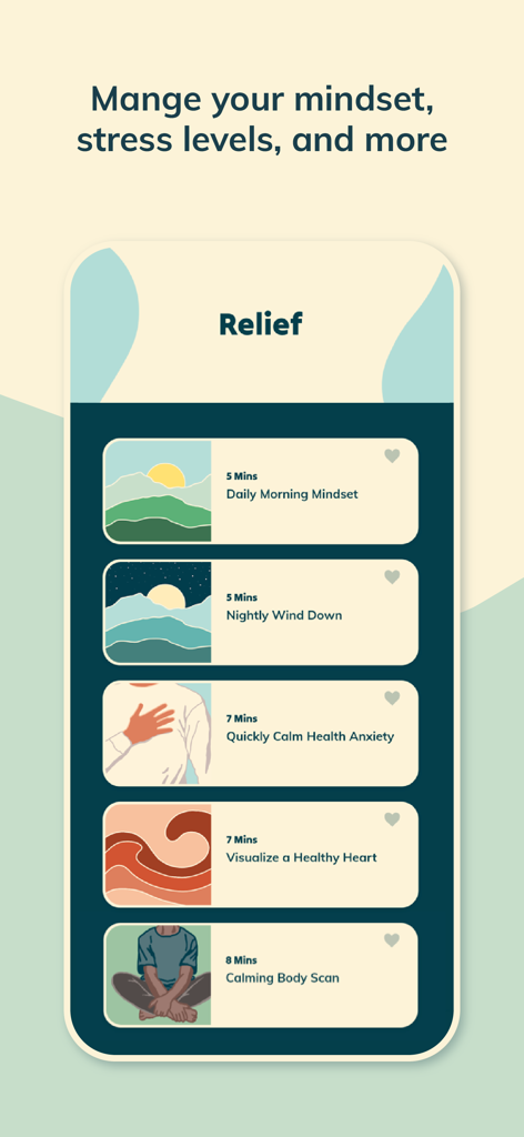 Heartful for Blood Pressure - Heartful app screen showing guided exercises for mindset, stress levels, and health anxiety relief.