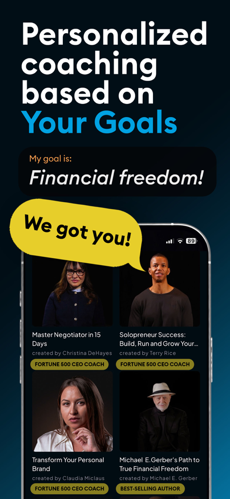 Interfaz de la aplicación Alux que muestra rutas de coaching personalizadas de mentores expertos y coaches de CEO para objetivos como la libertad financiera.