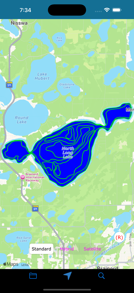 KML & KMZ Files Viewer - KML and KMZ Files Viewer app displaying depth contour lines on North Long Lake