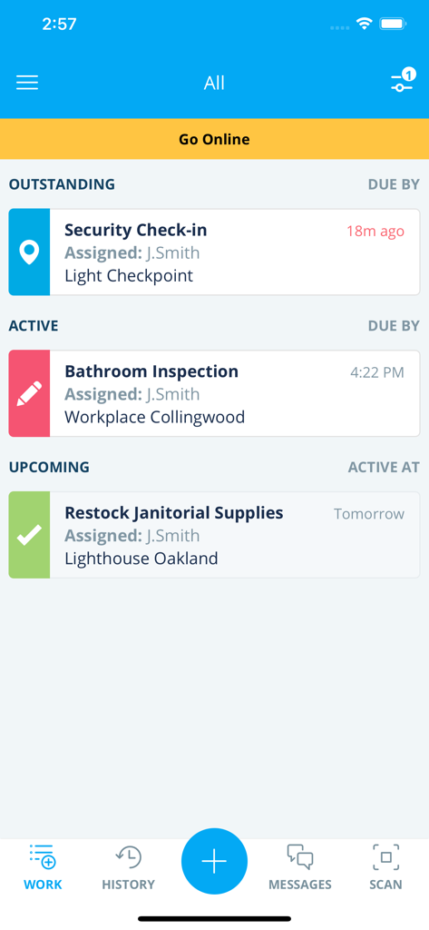 Lighthouse.io app dashboard showing facility management tasks like security check-ins and maintenance inspections.