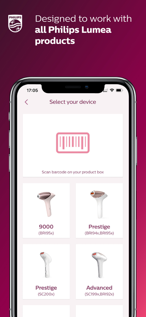 Philips Lumea IPL - Smartphone screen from Philips Lumea app showing device selection options.