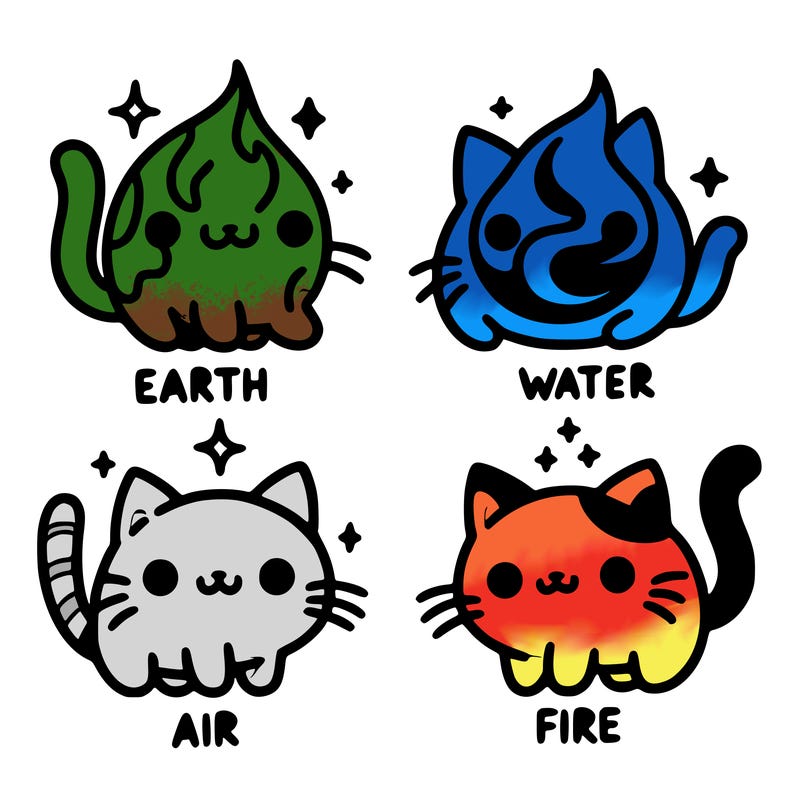 4 cats that represent the different elements, earth, water, air, and fire
