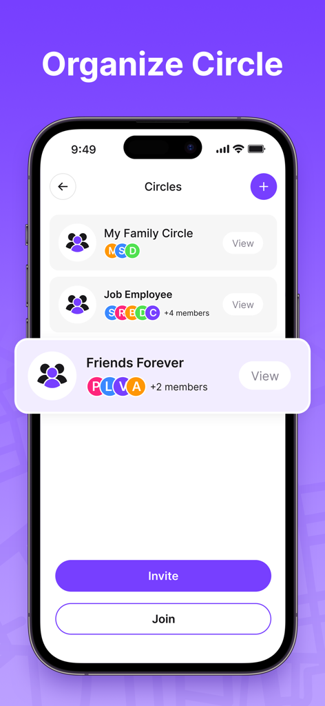 Findmykids - GPS Phone Tracker - The Organize Circle interface in the Findmykids GPS tracking app showing family and friend group circles.