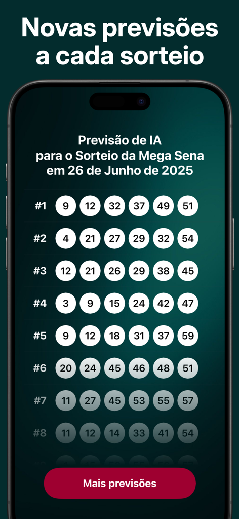 Mega Sena IA Palpites e Dicas - 메가 세나 복권 추첨을 위한 AI 기반 숫자 제안을 보여주는 스마트폰 디스플레이