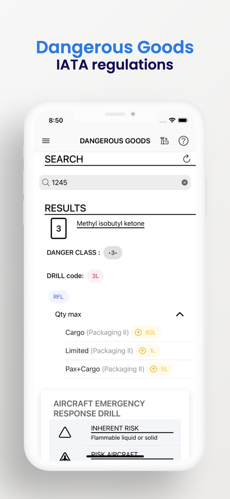Pilot Tools - Interfaz de la aplicación Pilot Tools para buscar y decodificar las regulaciones de mercancías peligrosas de la IATA