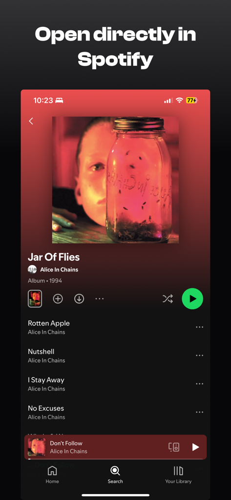 Crossfade - Captura de tela da interface do aplicativo Crossfade demonstrando integração direta para abrir música identificada no Spotify