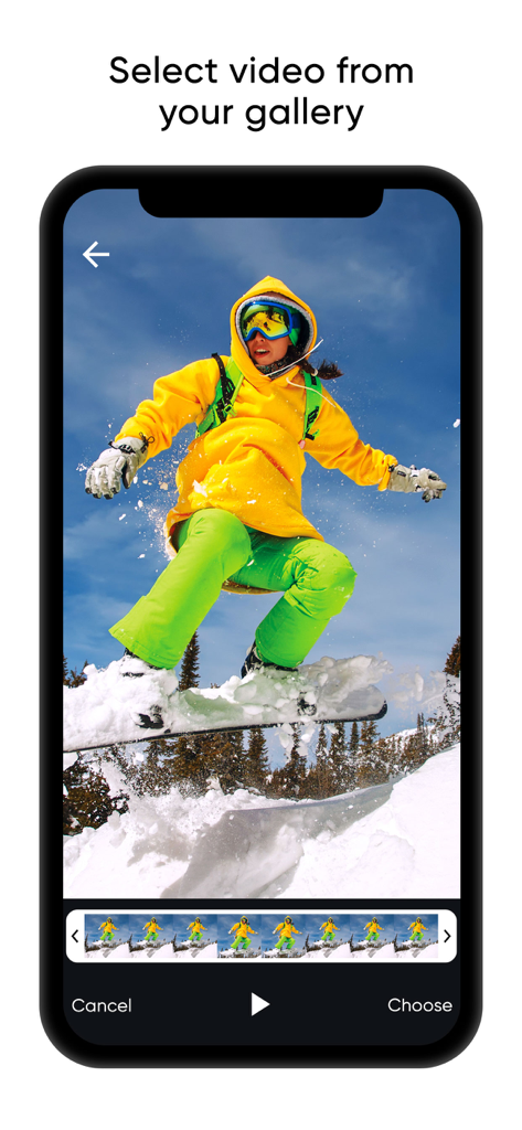 Audio Extractor, Video to Mp3 - Mobile app screen showing a snowboarding video being selected from the gallery to extract its audio