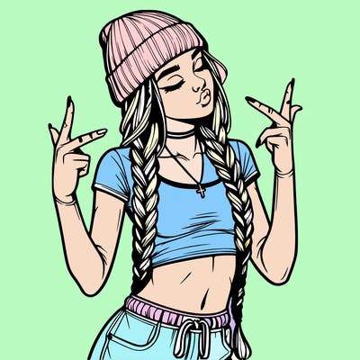 realistic teenage girl with braids and a beanie and crop top doing 🫶🏼