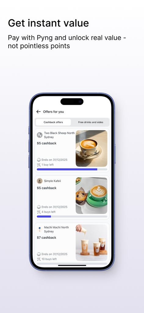 Pyng app screenshot showing instant cashback rewards for local coffee shops and merchants.
