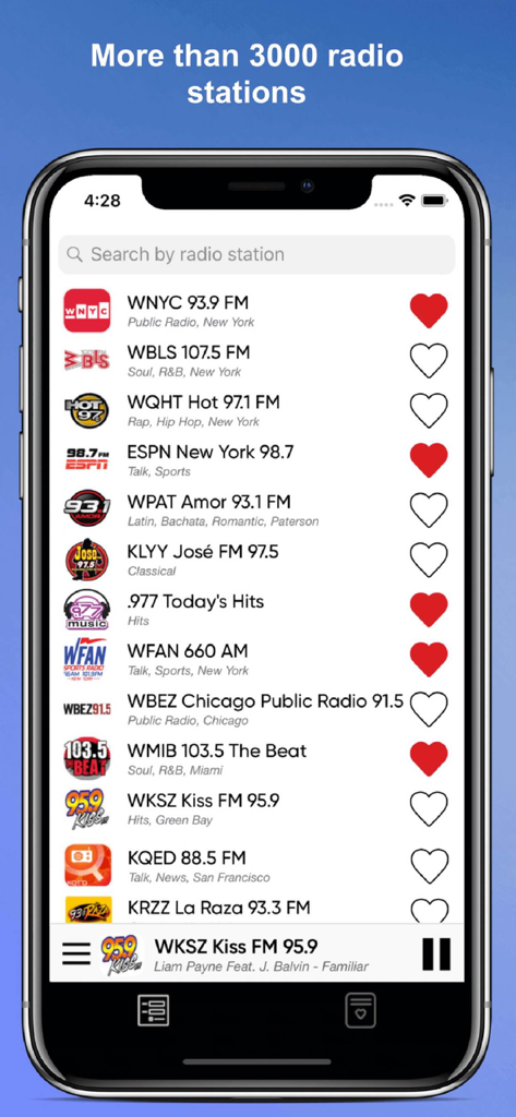 Radio USA : american radios FM - Mobile app screen of Radio USA displaying a searchable list of over 3000 American FM radio stations