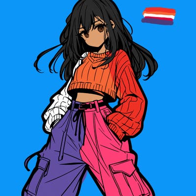 anime teen girl with baggy pants and crop top with sweater