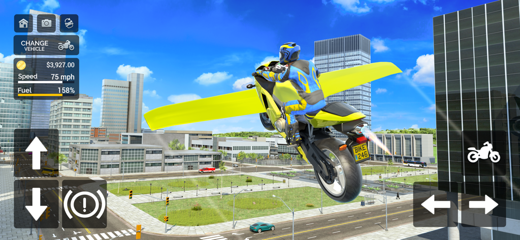 Una moto amarilla con alas volando sobre una ciudad en el juego Simulador de Moto Voladora.