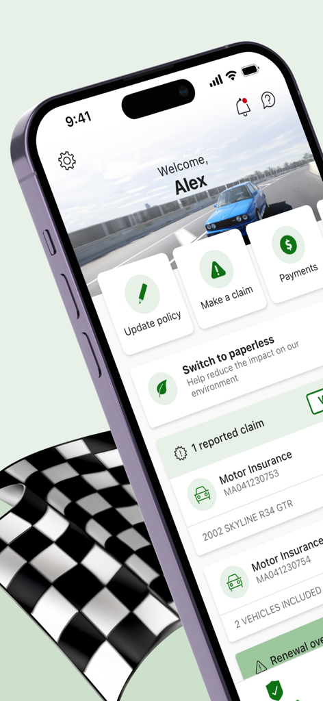 Shannons App - Shannons App mobile interface showing motor insurance policies and claim management tools