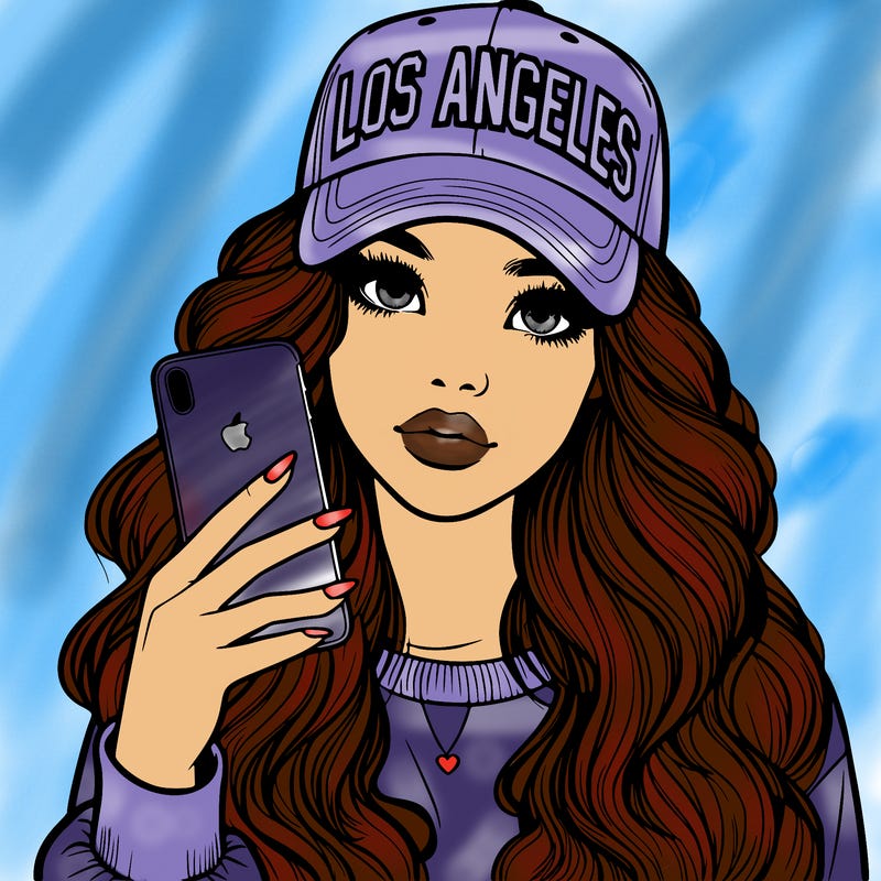 realistic beautiful girl wearing los ángeles cap holding an iphone