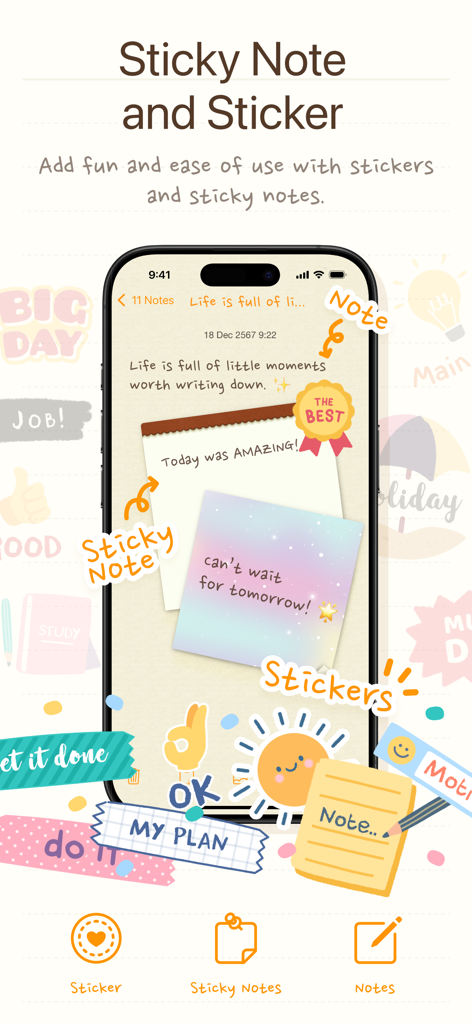 Note Lock~Lock your Tales Safe - Ein Smartphone-Bildschirm, der die Note Lock App mit bunten digitalen Haftnotizen und niedlichen dekorativen Stickern wie einer lächelnden Sonne und Bändern anzeigt.