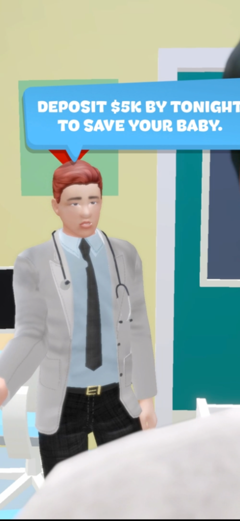 Pawn to Don Mafia Crime Story - Pawn to Don マフィア犯罪物語で、医師が赤ちゃんの命を救うために5千ドルの前金を要求しているシーン。