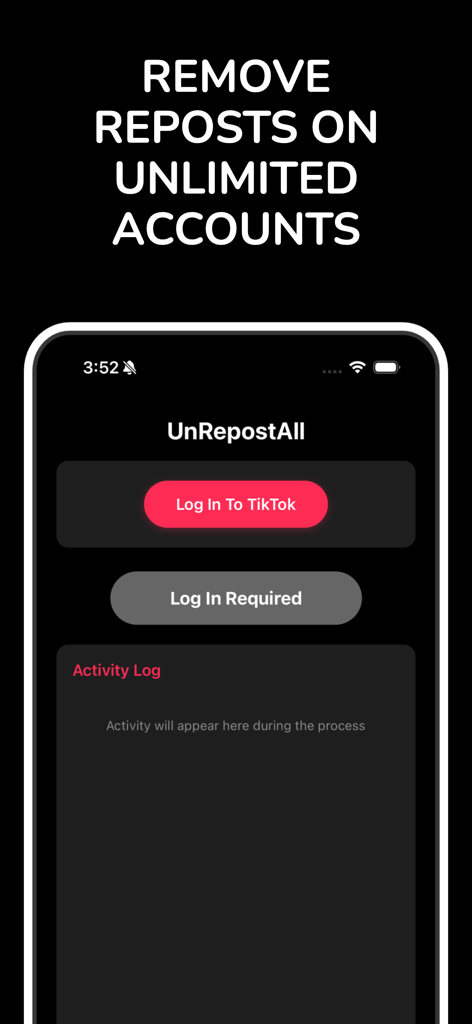 Interface de l'application UnRepostAll montrant l'option de se connecter à TikTok et de supprimer les republications de comptes illimités.