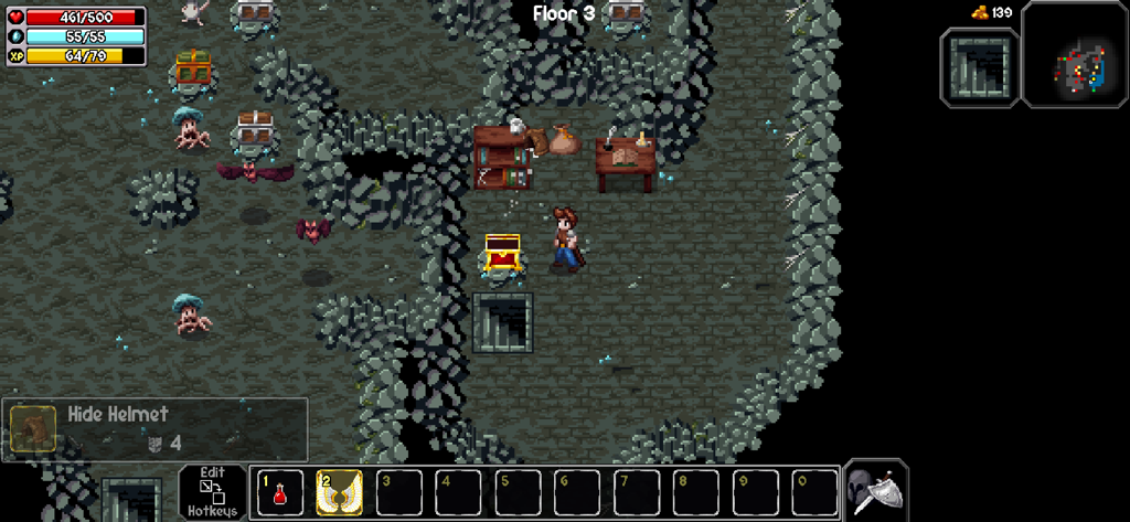 The Enchanted Cave 2 - Gameplay pixel art de The Enchanted Cave 2 mostrando a un personaje explorando un piso de mazmorra con monstruos y cofres del tesoro