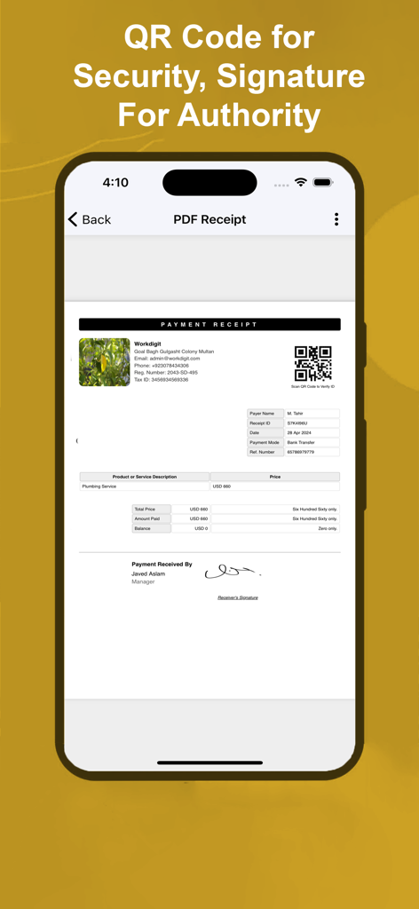 Receipt Maker:Sign Send, Print - A professional PDF receipt on a smartphone screen featuring a digital signature and QR code verification for business transactions.