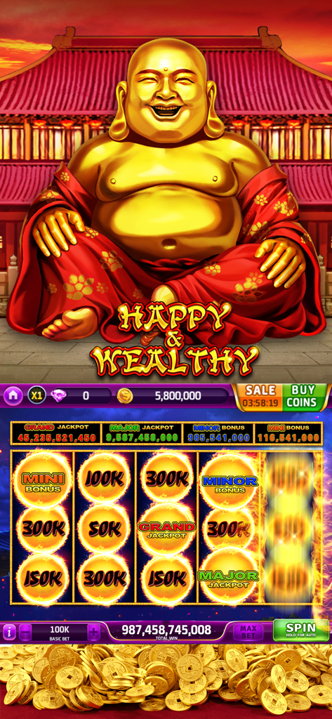 Gold Fortune Casino-Slots Game - A golden Buddha themed slot machine game interface showing jackpot values and overflowing gold coins