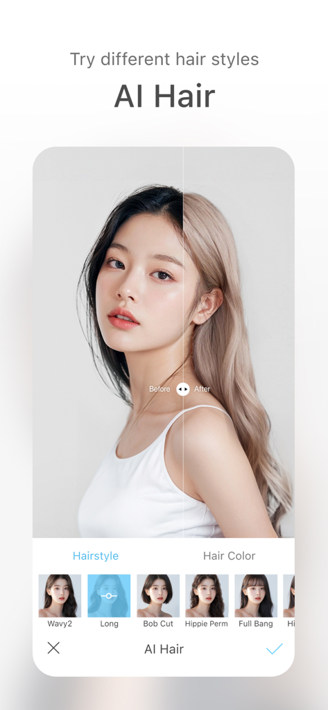 SODAアプリのAIヘアスタイルとカラー機能の適用前後の結果を示す分割画面比較