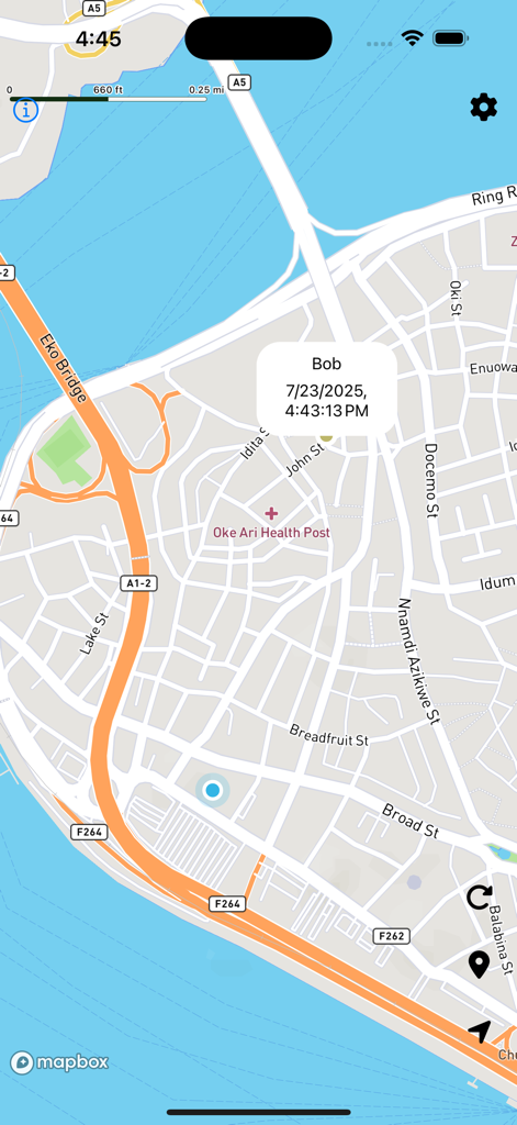 Location Live: GPS Tracking - Mapa de rastreo GPS en tiempo real que muestra la ubicación de un usuario con una marca de tiempo en la aplicación Location Live