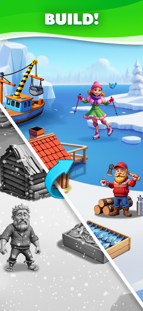Merge Travel: Build Dream Town - A before and after scene showing a grayscale snowy area being transformed into a colorful vibrant town with happy characters and new buildings