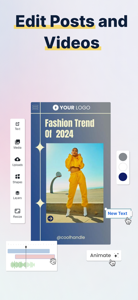 Interface of Predis AI mobile app showing tools to edit social media posts and videos with text media and animation options.