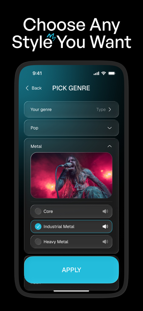 Producer AI Song & Music Maker - A mobile screen showing the genre selection interface of the Producer AI app with Industrial Metal selected.
