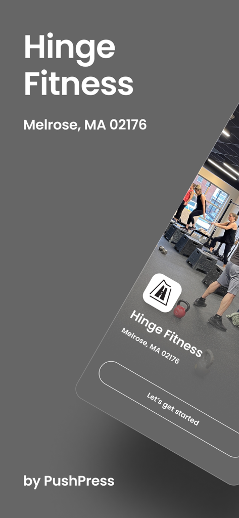 Hinge Fitness - Pantalla de bienvenida de la app Hinge Fitness mostrando miembros del gimnasio y un botón de empezar