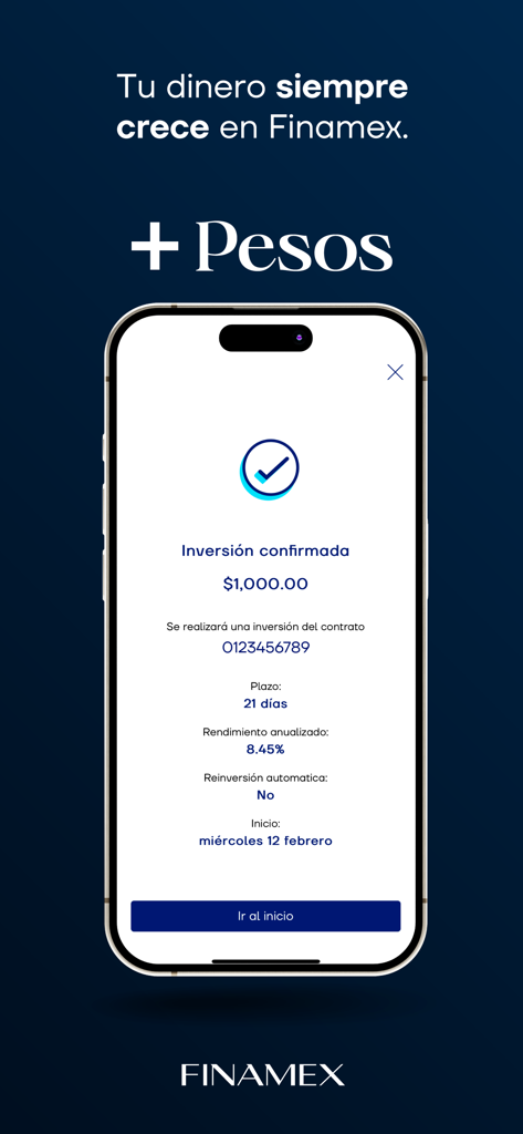 Finamex mobile app showing a confirmed investment of 1000 pesos with an 8.45 percent annualized yield.