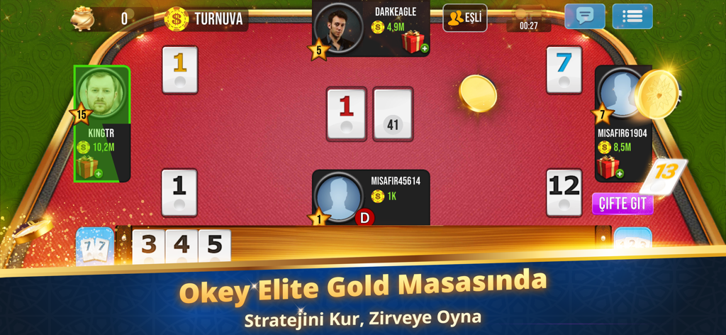 Okey Elite Gold - Virtual table interface of Okey Elite Gold mobile game featuring player avatars and game tiles