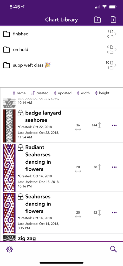 Warp Visualizer app chart library screen showing weaving patterns and organized folders