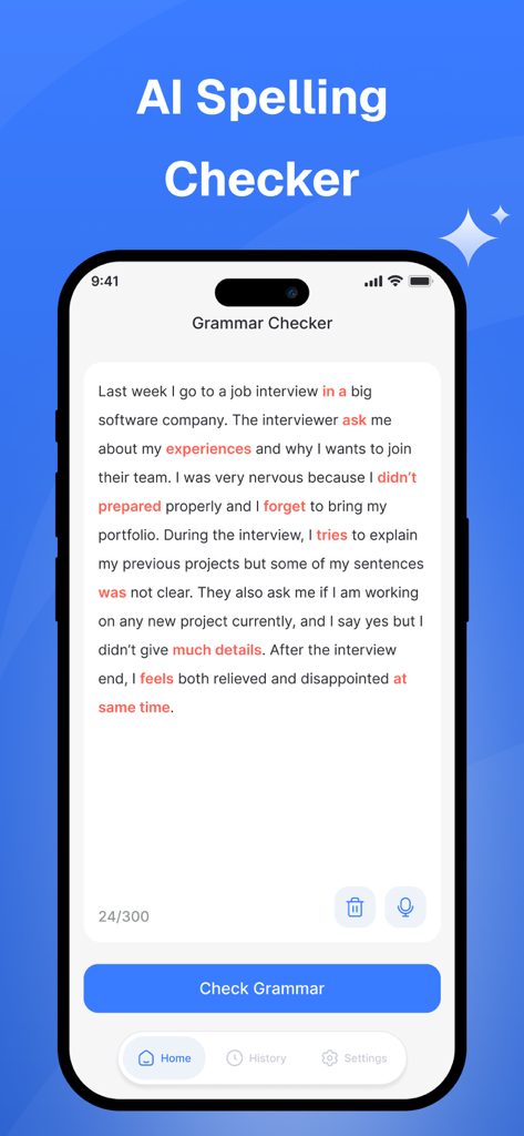 AI Grammar Check: Corrector - AI文法チェックアプリのインターフェースに、求職面接に関する段落の、赤くハイライトされたスペルと文法のエラーが表示されているテキストエディタが表示されています