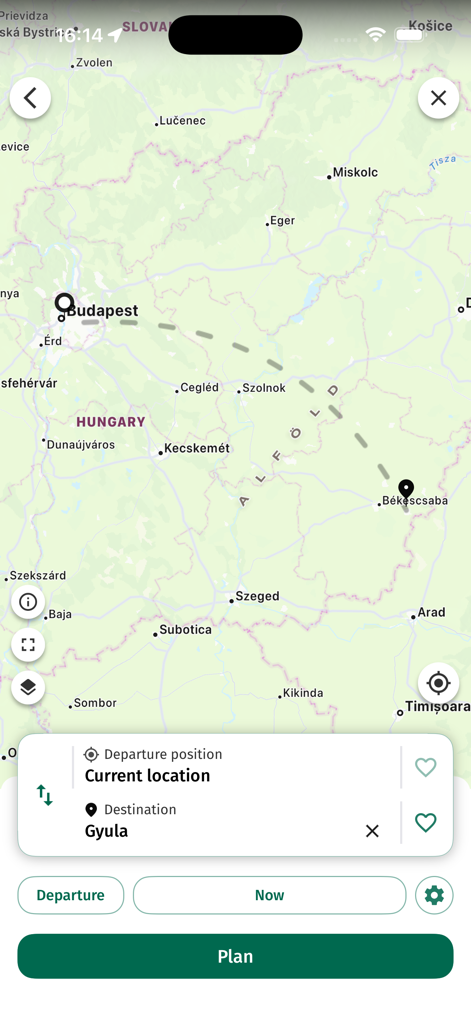 utas.hu - utas.hu mobile app map showing a travel route in Hungary