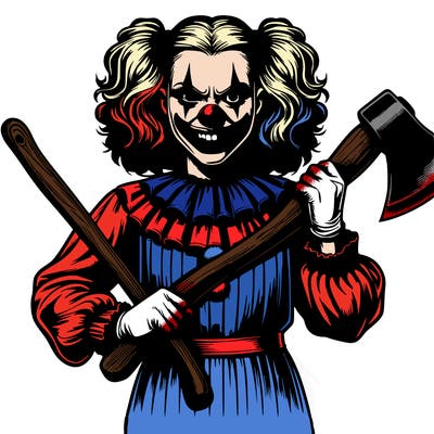 realistic scary clown girl holding a ax