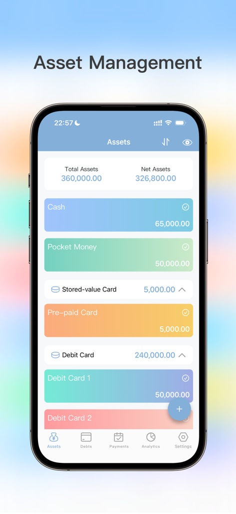 AssetMate: Asset & Installment - Painel do aplicativo móvel AssetMate exibindo o patrimônio líquido total de ativos e saldos de contas financeiras