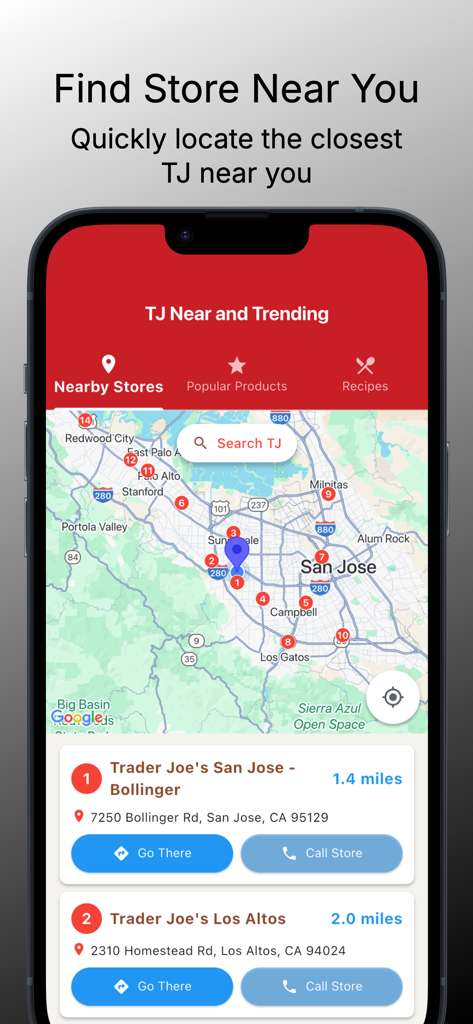TJ Near and Hot app interface showing nearby Trader Joe's locations on a map