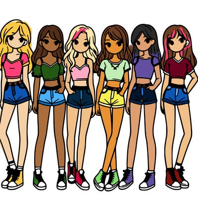 a group of girls wearing crop tops and shorts