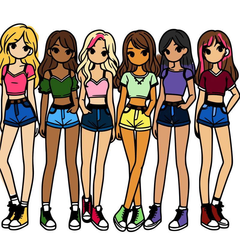 a group of girls wearing crop tops and shorts