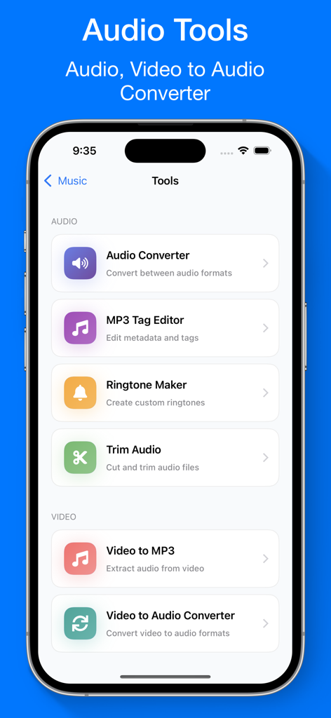 Cloud Music Player for Clouds - Cloud Music Player app interface showing audio tools including converter tag editor and ringtone maker