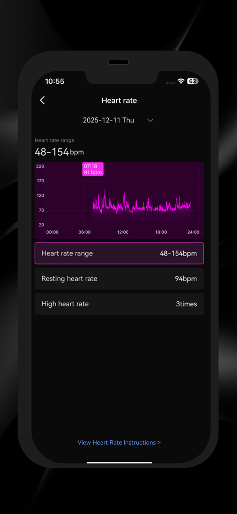 Écran de suivi de la fréquence cardiaque de l'application mobile Holosport avec un graphique d'activité quotidienne et des métriques pour la fréquence cardiaque au repos et élevée.