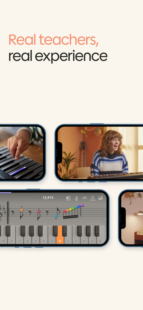 Interfaz de la aplicación ROLI Learn mostrando lecciones interactivas de piano y profesores expertos