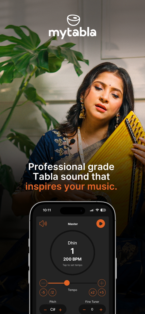 Woman playing a swarmandal with a smartphone displaying the MyTabla app interface