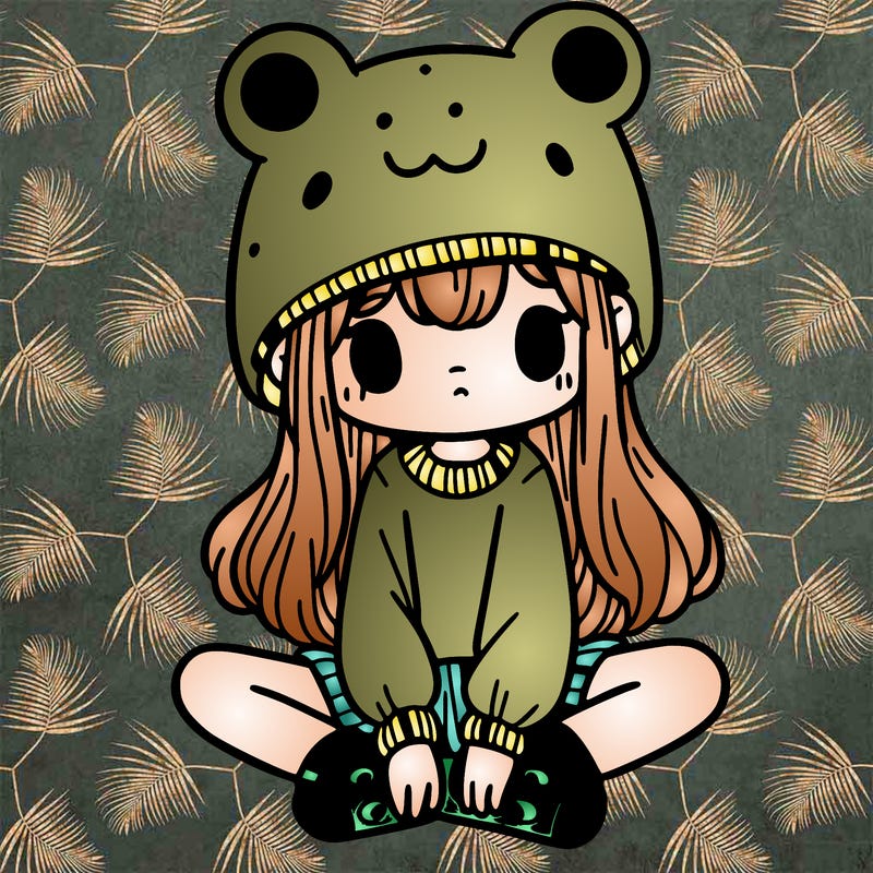 a girl wearing a frog hat and some frog socks