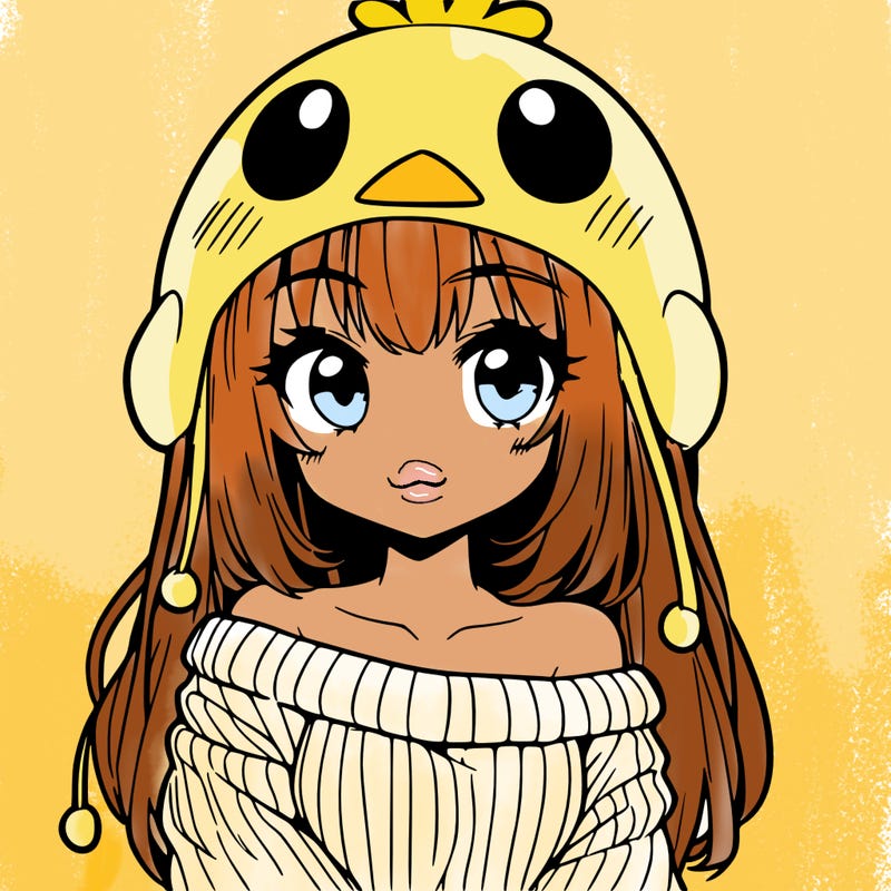 anime girl with chick shaped hat with sweater with bare shoulders with bangs covering them one eye with low tail